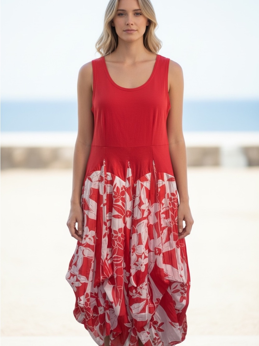 ODDI Red Floral Scoop Neck Sleeveless Midi Dress